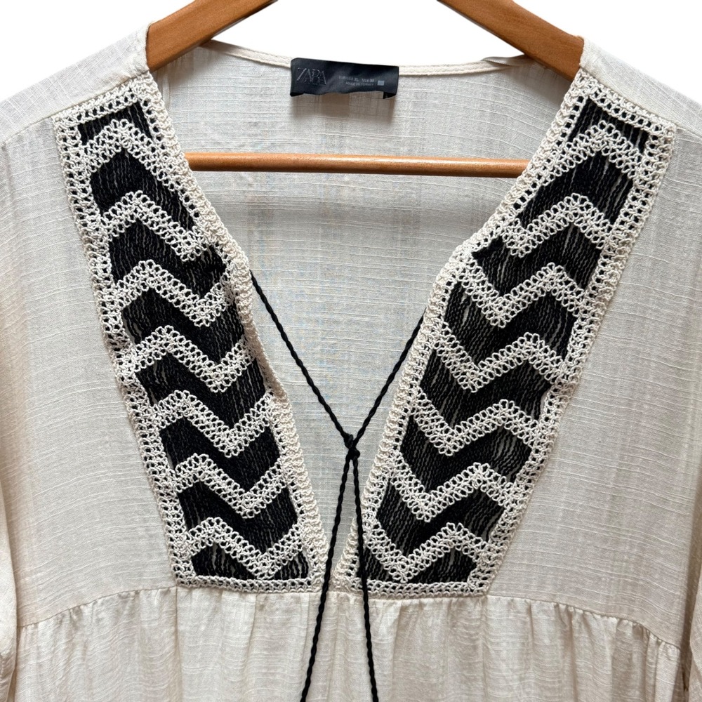 Zara Dress Womens XL Cream Embroidered Tassel Boho Tiered Babydoll Tunic Mini - Picture 3 of 11